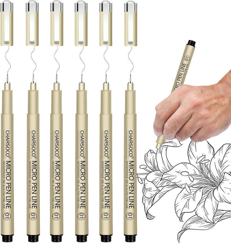 CHARSOCO 01 Micro Pen, 6 Pack Black Fine Point Pen with Waterproof Archival Ink, 0.25mm Fineliner Ink Pens for Artist Illustration, Sketching, Anime, Manga, Technical Drawing and Scrapbooking - Image 1